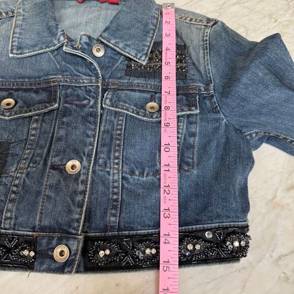 X2 Denim Laboratory Cropped Blue Jean Jacket Embellished Beaded Embroidery Sz M - Picture 7 of 8